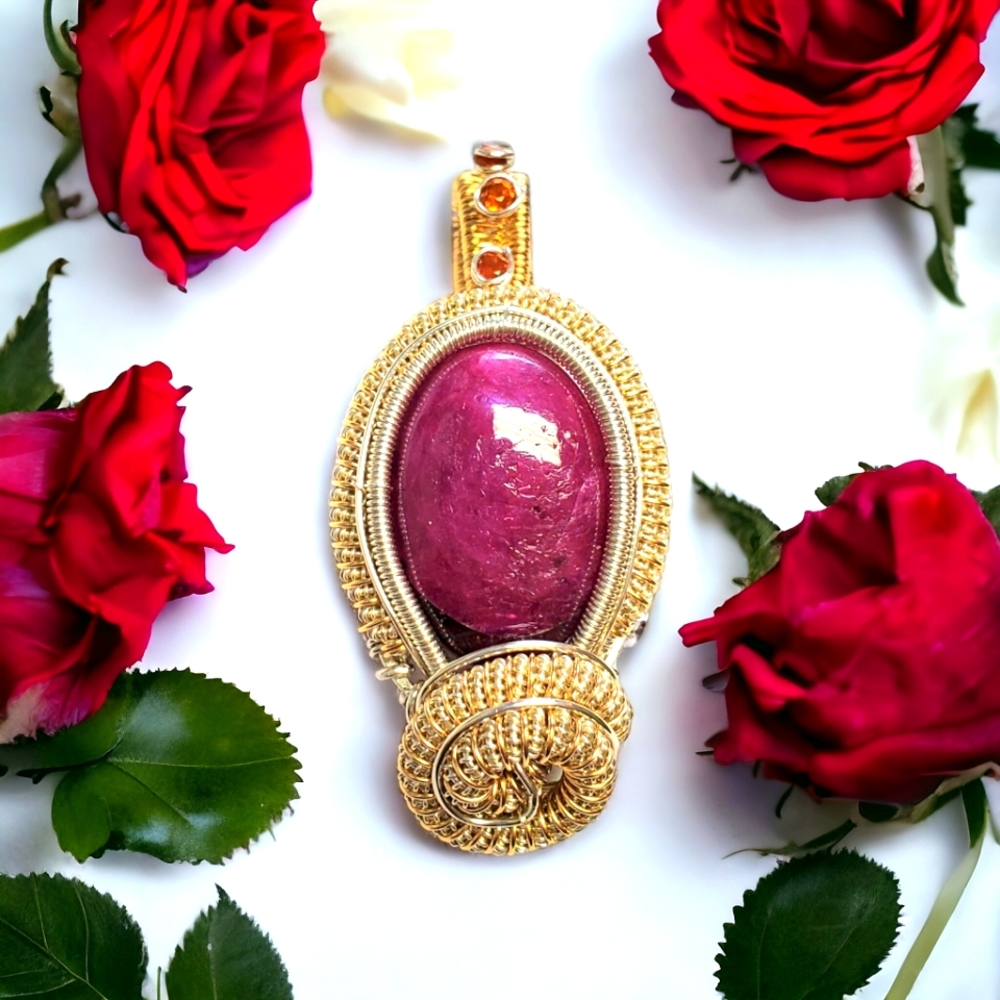 Handmade large ruby sterling silver and 14k gold filled necklace